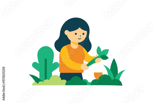 Flat Vector Of Girl Trimming Plants With Garden Shears
