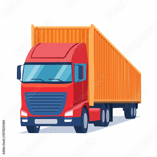 Brightly Colored Semi-Truck with Cargo Container, Frontal Perspective View.