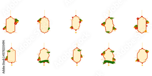 Red, green, and gold hanging banner label for chinese new year vector. Chinese, japanese, korean label frame with oriental and asian decoration. Vector illustration.