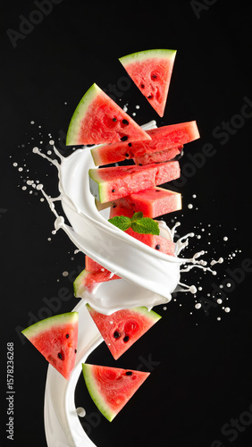 Delicious liquid fresh twist yogurt with watermelon slices floating on air. Ideal for marketing advertisement, social media post, recipes. Dessert, health and energy food concept. Nutrition, wellness.