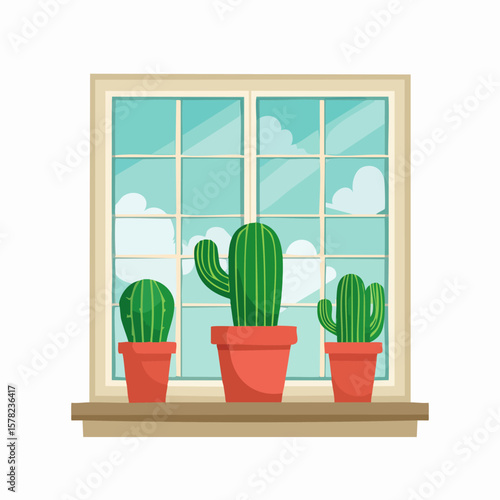 Three potted cacti on a windowsill with a scenic sky view.