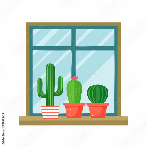 Three potted cacti on a windowsill with window view, bright and cheerful.