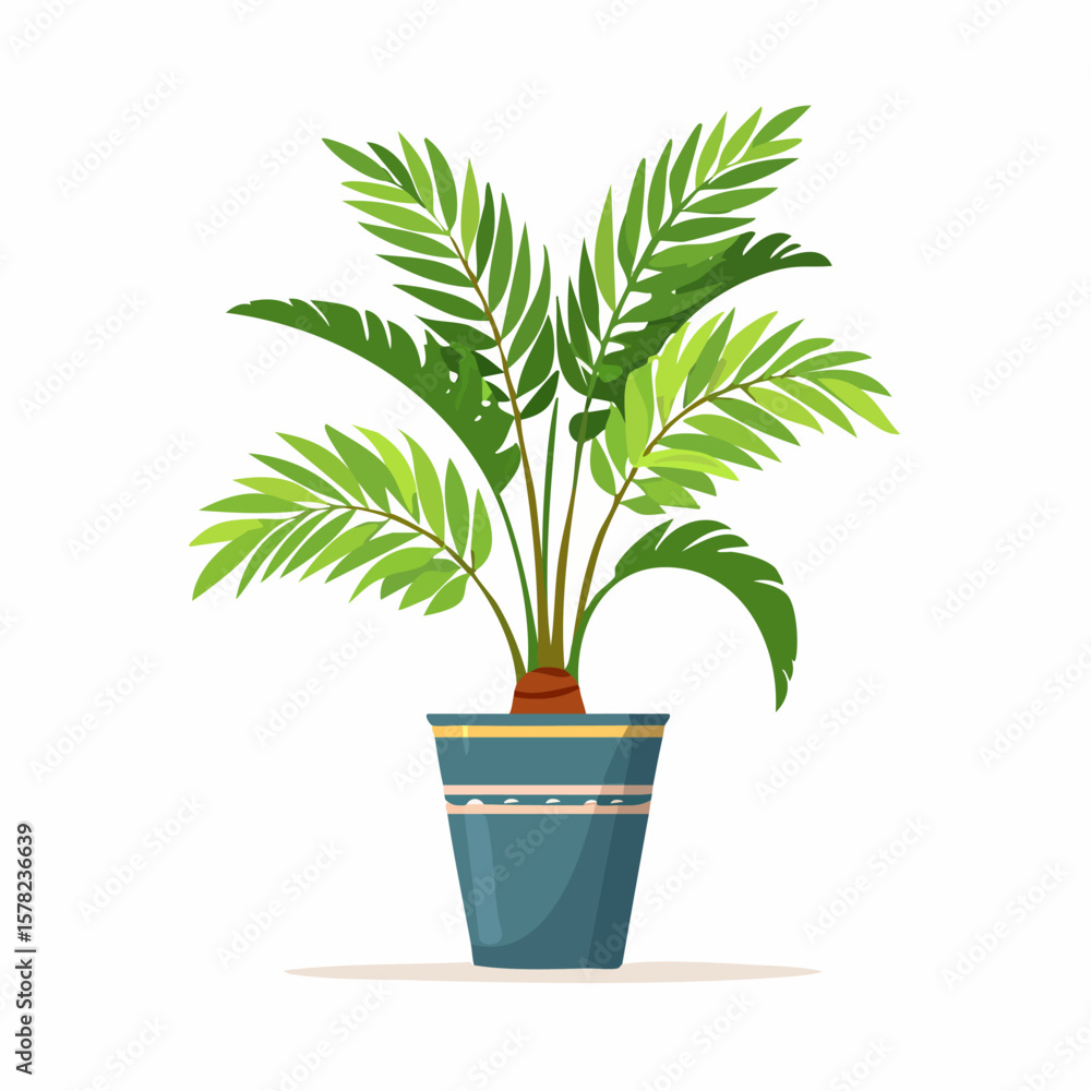 Obraz premium Vibrant Cartoon Palm Plant in Decorative Blue and Gold Pot