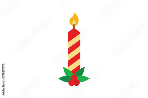 Christmas Candle With Striped Wax And Holly Base