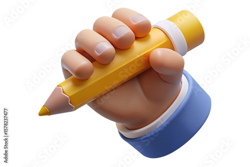 Stylized cartoon hand holding a yellow pencil ready to write isolated on transparent background