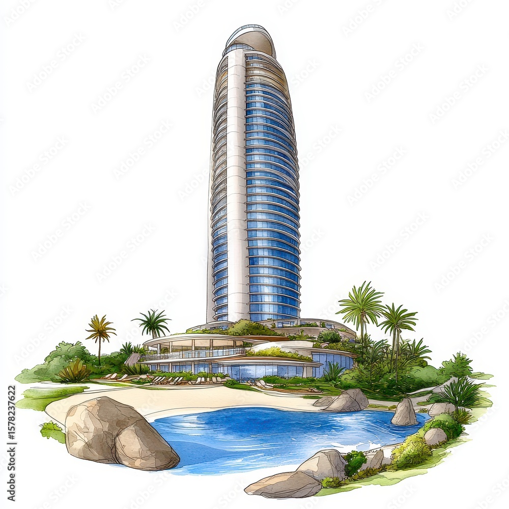 Fototapeta premium Architectural Sketch of Modern Curved Building on Tropical Island with Blue Sea and Palm Trees