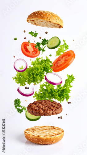 Clean and minimalist deconstructed cheeseburger mid air with fresh ingredients: tomato, onion, lettuce, bread, meal and pickles, showcasing vibrant colors and textures. For recipe, promotion, menu