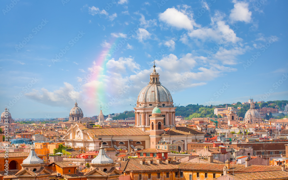 Fototapeta premium Roman house and Basilica dei Santi Ambrogio e Carlo al Corso Rome, italy