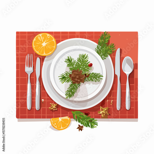 Festive Christmas Table Setting with Orange Slices and Pine Decorations.