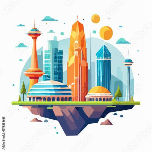 architectural mash-up;  ancient ruins fused with futuristic floating arcologies in surreal contrast