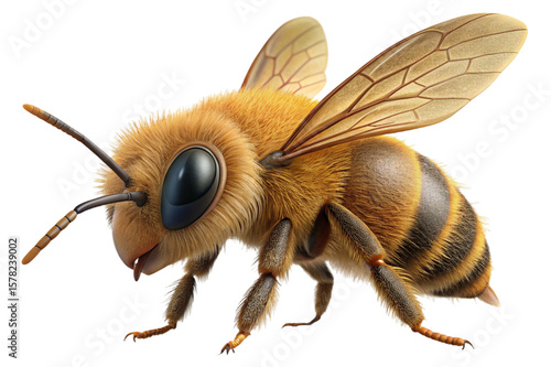 Detailed close up of a fuzzy honey bee with transparent wings isolated on transparent background