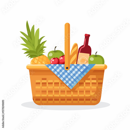 A charming picnic basket filled with fresh fruits, wine, and bread.