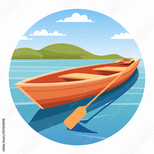 Orange Wooden Boat with Oar Floating on Calm Blue Water