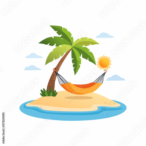 Tropical Island Paradise Scene Featuring Hammock, Palm Tree, and Sun
