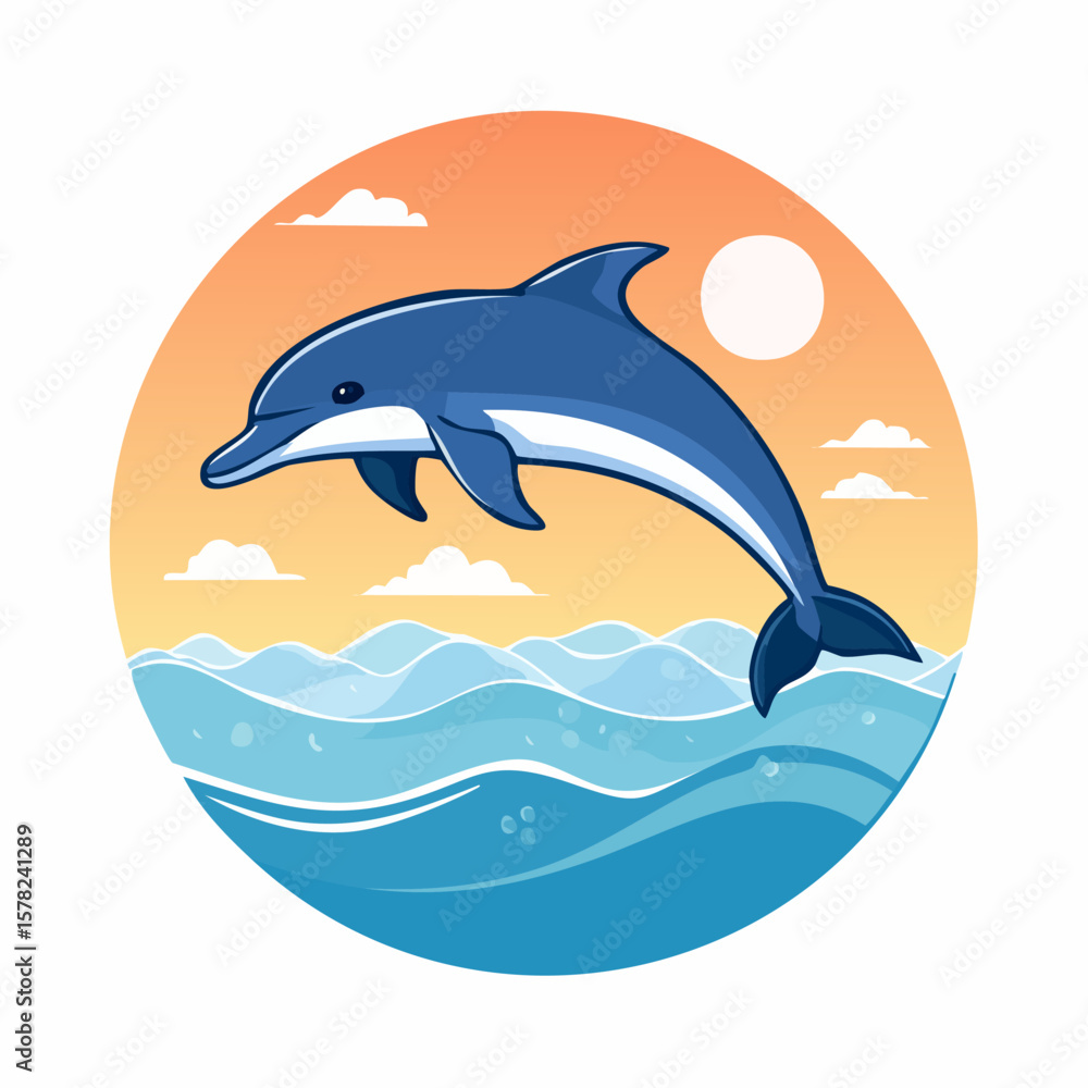 Obraz premium Playful Dolphin Leaping Above Ocean Waves Under Sunset Sky