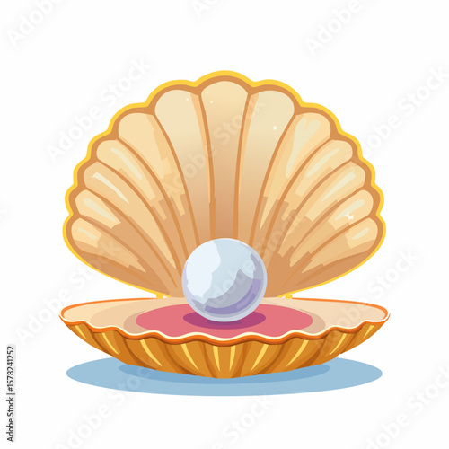 A luminous pearl nestled within an open, detailed seashell illustration.