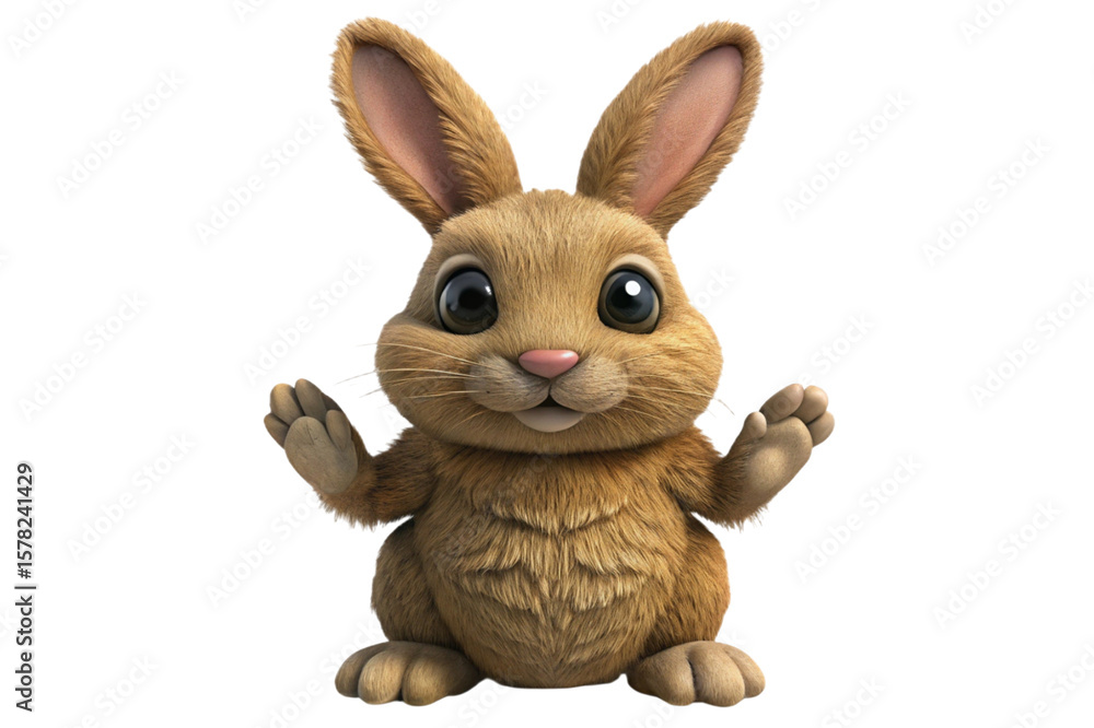 Fototapeta premium Cute fluffy brown bunny rabbit with big eyes waving hello isolated on transparent background