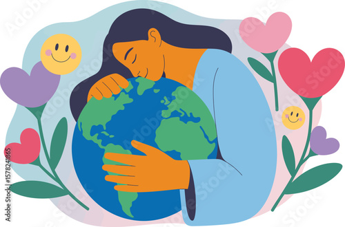 Illustration of a woman hugging the earth with flowers and smiley faces around her design