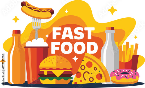 Illustrated fast food arrangement with burger, fries, pizza, donut, and drinks on a light background