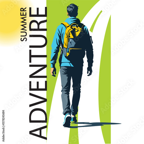 Modern man walking with backpack on summer adventure travel poster vector