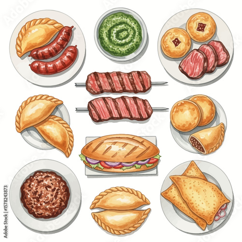 Argentinian Cuisine: Empanadas Chorizo Chimichurri Meat Skewers and Sandwich.