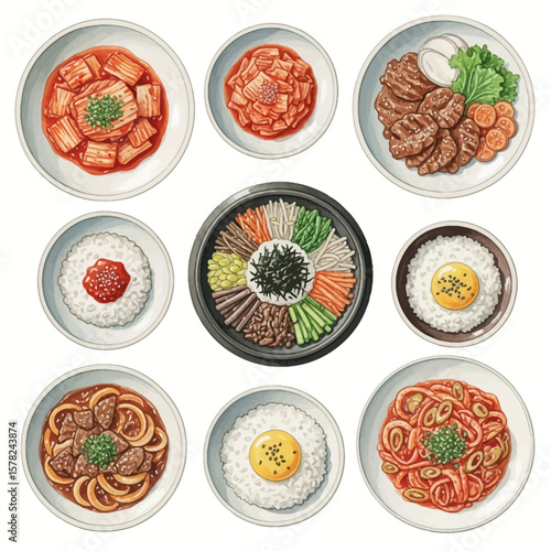 Watercolor Illustration of Assorted Korean Dishes on White Plates.
