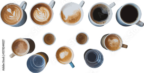 Aerial view of assorted coffee drinks in cups and glasses on a dark blue surface arrangement