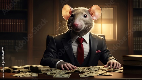 A rat in a suit signs an official document at a luxury desk. Surrounded by cash and law books. Symbol of corruption and political power.