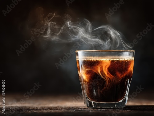 Close-up of hot steaming black coffee in a clear glass with swirling steam rising on dark rustic background
