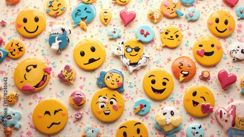 Obraz premium A colorful and vibrant collection of emoji-themed cookies and candies scattered across a speckled surface, showcasing various expressions and designs.