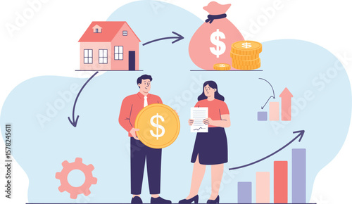 Illustration of a house converting to money with business people and growth charts around