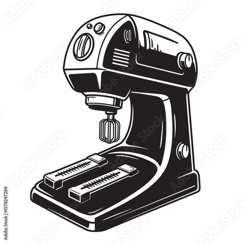 Black and white illustration of a vintage stand mixer with whisk attachment and speed controls kitchen appliance