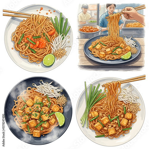 Four Plates of Delicious Pad Thai Noodles with Tofu and Vegetables.