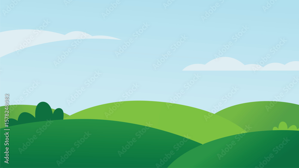 Fototapeta premium Serene Rolling Hills Vector Landscape Illustration with Soft Clouds and Bright Sky for Peaceful Backgrounds and Designs 