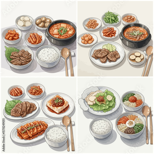 Korean Cuisine Collage: Kimchi Stew Bulgogi Bibimbap and Tofu Dishes.