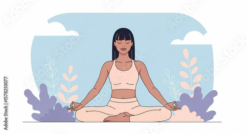 Wallpaper Mural Calm woman meditating in lotus pose with nature background illustration Torontodigital.ca