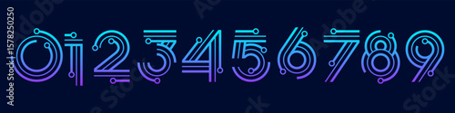 Number set font alphabet vector illustration. Set of modern numbers 0 to 9 with technology elements logo design. In purple blue colors