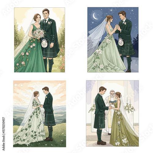 Scottish Wedding Illustrations: Romantic Couple in Green Attire Various Settings.