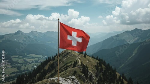 Swiss Flag Waving at Night Fireworks Display