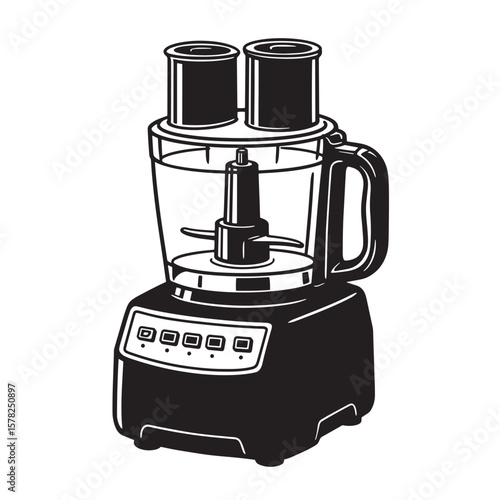 Vintage kitchen appliance food processor with blades and canisters retro black and white