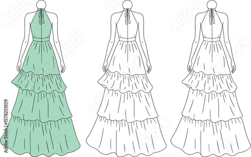 Halter neck ruffle maxi dress fashion flat sketch, front and back view, tiered long gown design, vector template illustration