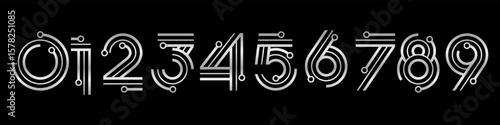 Number set font alphabet vector illustration. Set of modern numbers 0 to 9 with technology elements logo design. In silver colors