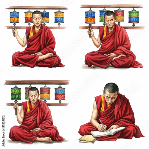 Watercolor illustration of a meditating monk with prayer wheels and writing in a book.