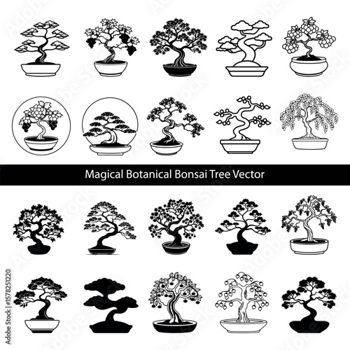 Fifteen detailed botanical bonsai tree images are displayed in a monochrome outline and silhouette