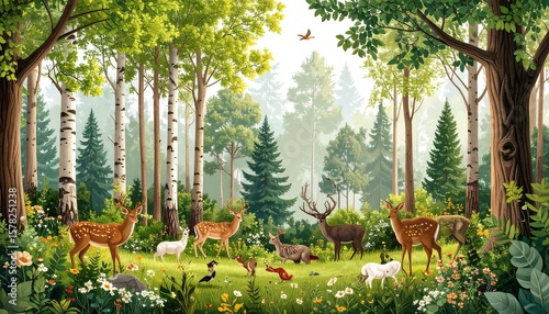 Forest scene with deer, other animals, and birds. Lush green foliage, various trees.  Peaceful woodland landscape