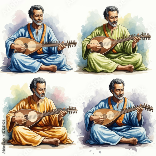 Four Watercolor Illustrations of Oud Players in Traditional Attire.