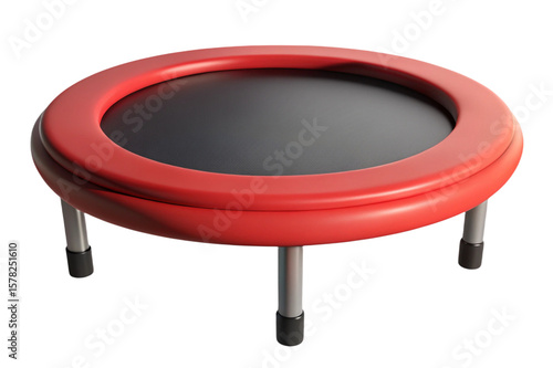 Round red trampoline with black mat and silver legs isolated on transparent background