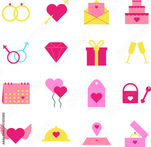 Marriage illustration set. Includes of wedding, couple, love, bride, groom, and More. Vector flat color collection