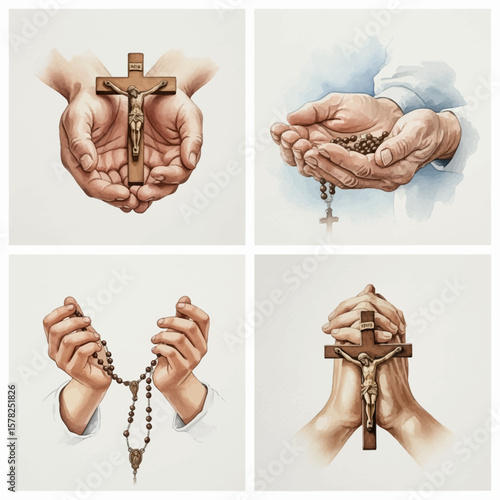 Watercolor depictions of hands holding crucifixes and rosary beads symbols of faith.