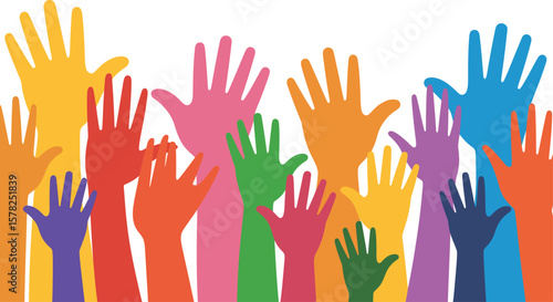 Illustration of many colorful hands raised upwards against a plain white background design art
